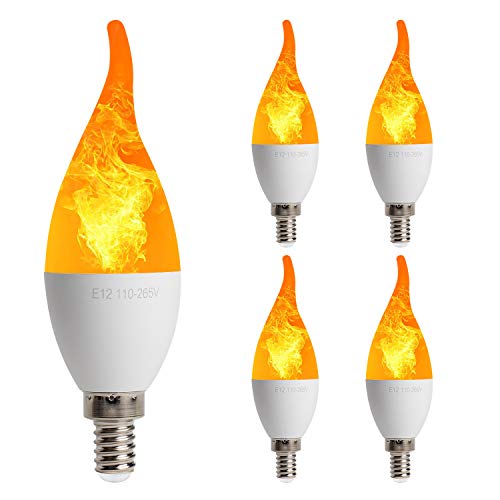 AOMRYOM 4 Pack LED Simulated Fire Flicker Flame Candelabra Light Bulb, E12 Base 2W 1800K Warm White, 3 Modes (Emulation General Breathing) for Home Bar Party Decoration - Candle Flame Tip