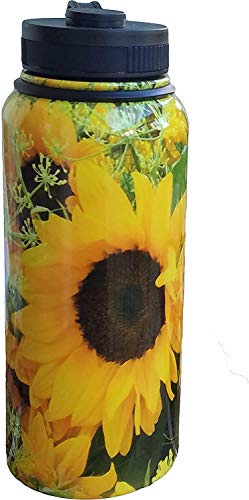 Sunflower Water Bottle, Vacuum Insulated 32 OZ Stainless-Steel metal, Beach bottle, Sports and Travel water bottle, Keeps your beverages Cold or Hot for 12 hours, Wide Mouth Opening with Lid