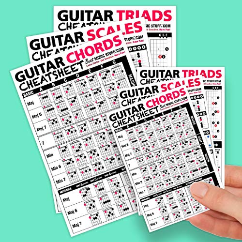 Book Cover Best Music Stuff Small + Large Guitar Cheatsheet Bundle (6 Pack) - Laminated and Double Sided Pocket Reference Cards