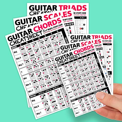 Best Music Stuff Small + Large Guitar Cheatsheet Bundle (6 Pack) - Laminated and Double Sided Pocket Reference Cards