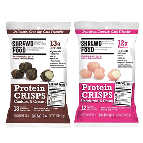 Shrewd Food Sweet Variety Pack Protein Crisps 8 Pack | High Protein, Low Carb, Gluten Free Snacks | No Artificial Flavors | Soy Free, Peanut Free | Includes Cookies & Cream + Strawberries & Cream