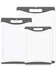 GripMAX Premium Durable Kitchen Cutting Board Set of 3, BPA Free, Dishwasher Safe, Large and Thick Plastic Chopping Mat Boards, Easy-Grip Rubber Handle, Non-Porous, Juice Grooves, 3 Piece Set, Black