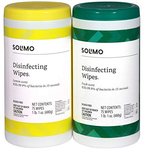 Amazon Brand - Solimo Disinfecting Wipes, Lemon Scent & Fresh Scent, Sanitizes/Cleans/Disinfects/Deodorizes, 75 Count (Pack of 2)