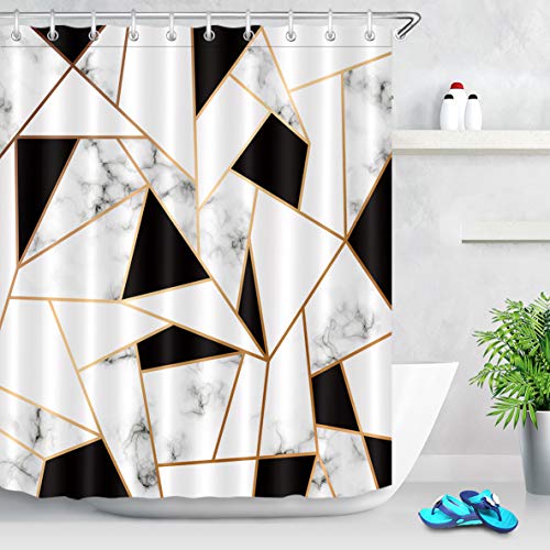 Book Cover LB Abstract Geometric Shower Curtain, Black and White Marble Texture Bathroom Curtain Set with Hooks,72x72 Inch Waterproof Fabric Bathtub Decor