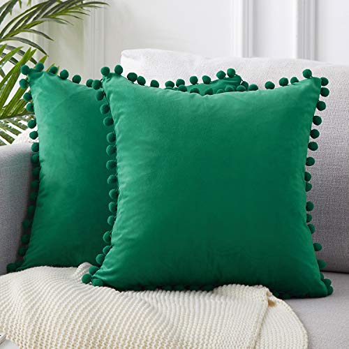 Book Cover Top Finel Decorative Throw Pillow Covers with Pom Poms Soft Particles Velvet Solid Cushion Covers 18 X 18 for Couch Bedroom Car, Pack of 2, Dark Green