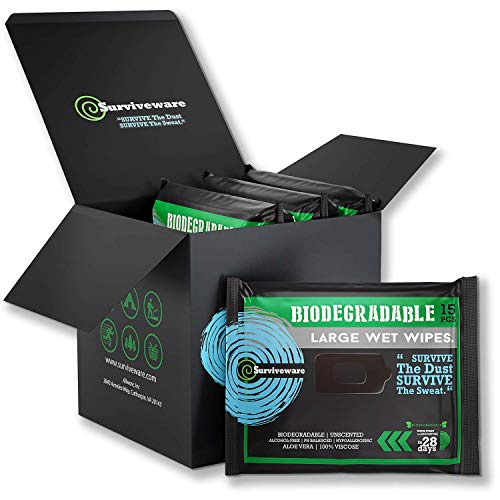 Surviveware Biodegradable Wet Wipes 4-Pack - Large Rinse Free Shower Wipes for Post Workout, Camping, Backpacking, Outdoors and Hiking