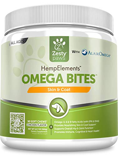 Zesty Paws Omega 3 Alaskan Fish Oil Chew Treats for Dogs - with AlaskOmega for EPA & DHA Fatty Acids - Itch Free Skin - Hip & Joint Support + Heart & Brain Health (Hemp - Chicken, 90 Count)