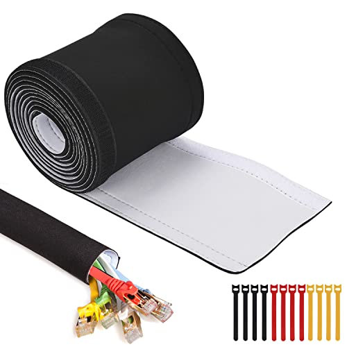 Cable Management Sleeves (12 Pack Straps Included) Neoprene Cord Organizer for TV USB PC Computer Network Wires (120 inches) DIY by Yourself, Adjustable Black and White Reversible Wire Hider