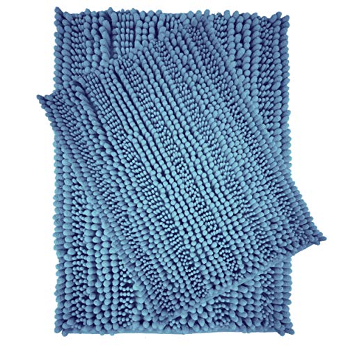 Book Cover Polyte Premium Microfiber Shaggy Chenille Bath Mat, 20 x 32 in / 17 x 24 in, Set of 2 (Blue)