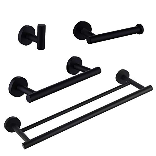Book Cover GERZWY SUS 304 Stainless Steel Bathroom Hardware Set Matte Black 4 Pieces Bathroom Hardware Accessories Sets Wall Mounted Double Towel Bar Towel Holder Hook Toilet Paper Holder