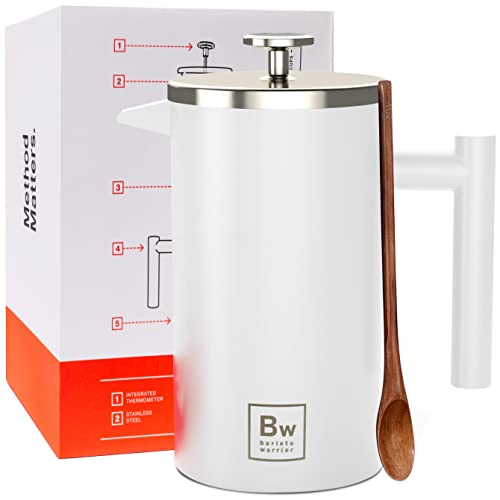 Barista Warrior French Press with Thermometer - Insulated Coffee French Press - Stainless Steel Coffee Maker (1.0L | 34 fl oz)