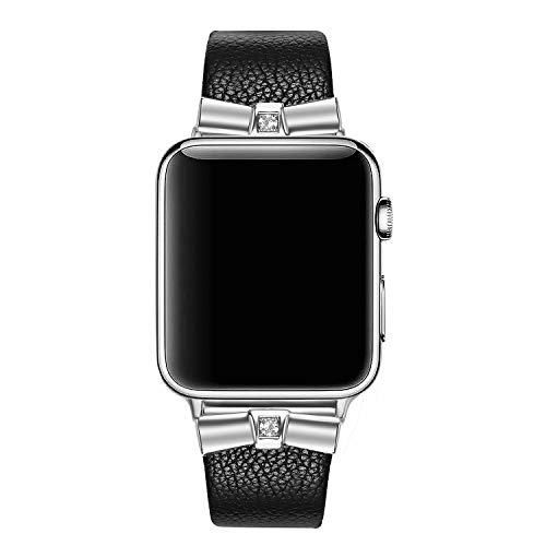 Secbolt Leather Bands Compatible Apple Watch Band 38mm 40mm iWatch Series 6 5 4 3 2 1 SE, Slim Replacement Wristband Strap Stainless Steel Buckle, Black