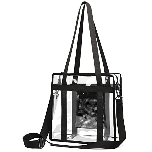 Book Cover Clear Bag, F-color NFL Stadium Approved Clear Tote Bag, Heavy Duty and Waterproof Plastic Transparent Bag with Adjustable Strap Cross Body Clear Purse for Women and Men, Black