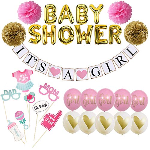 Baby Shower Decorations for Girl - It's A Girl Banner Decoration Set for Baby Shower - Pink and Gold - Complete and Practical Party Bundle - Lovely Photo Props Included - Money & Time Saver