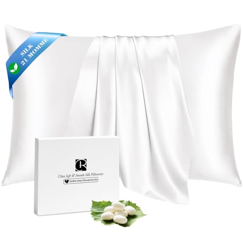Ravmix 100% Silk Pillow Cases with Zipper, 21 Momme Mulberry Silk Pillowcase for Hair Skin Health, Soft Smooth Breathable Cool Pillow Cover for Beauty Sleep(Standard 20"x26", Ivory White) 1PC