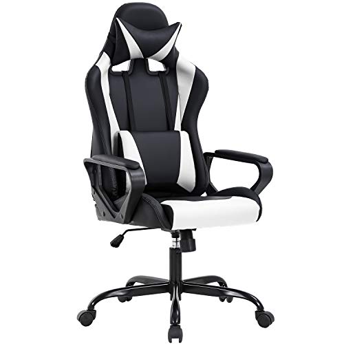 Book Cover High Back Gaming Chair PC Office Chair Racing Computer Chair Task PU Desk Chair Ergonomic Swivel Rolling Chair with Lumbar Support Headrest for Back Pain Women Adults Gamer (White)