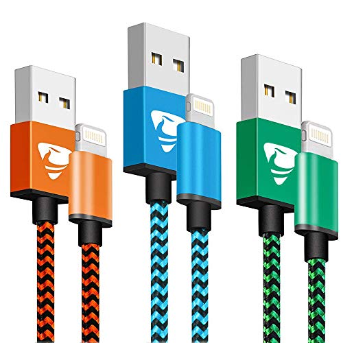 Phone Charger Founus Fast Charging Cable 6FT 3 Pack Nylon Braided High Speed Charging Cord Compatible with iPhone XS X 8 8 Plus 7 7 Plus 6s 6s Plus 6 6 Plus iPad iPod Nano-(Blue,Orange,Green)