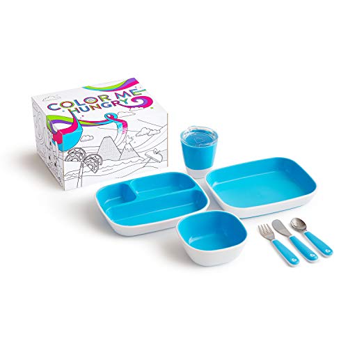 Book Cover Munchkin Color Me Hungry Splash 7pc Toddler Dining Set - Plate, Bowl, Cup, and Utensils in a Gift Box, Blue