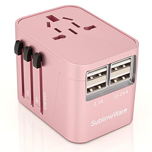 Book Cover Universal Travel Adapter International All in One Plug (Rose Gold)- w/4 USB Ports Work - 150+ Countries - 220 Volt Adapter - Travel Adapter Type C A G I for UK Japan Germany France EU European