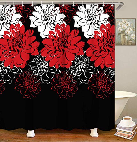Book Cover LIVILAN Dahlia Floral Shower Curtain Flowers Red Black Fabric Bathroom Decoration with 12 Hooks 72 Inch Machine Washable