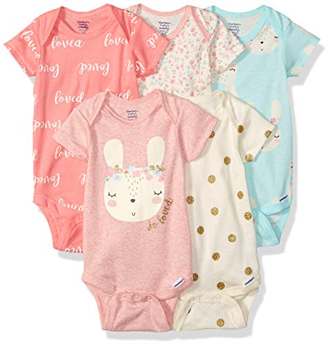 GERBER Baby Girls 5-Pack Organic Short-Sleeve Onesies Bodysuits, Bunny Love, 3-6 Months