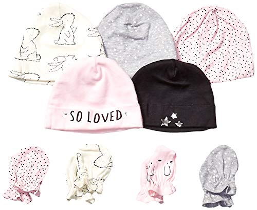 GERBER Baby Girls 8-Piece Cap and Mitten Set, Bunny Love, 0-6 Months