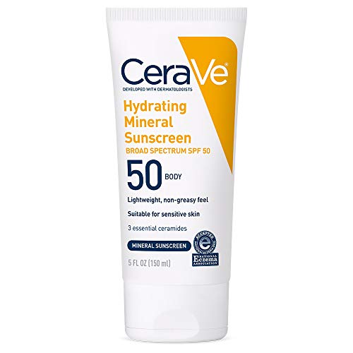 Book Cover CeraVe 100% Mineral Sunscreen SPF 50 | Body Sunscreen with Zinc Oxide & Titanium Dioxide for Sensitive Skin | 5 oz, 1 Pack