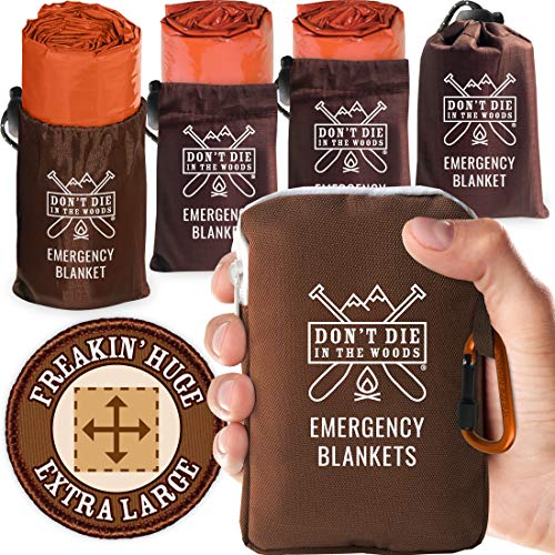 Don't Die In The Woods - Freakinâ€™ Huge Emergency Blankets [4-Pack] Extra-Large Thermal Mylar Space Blankets with Ripstop Nylon Stuff Sacks + Carabiner Zipper Pack [Survival Orange]