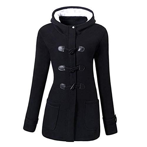 Women Classic Winter Hooded Outdoor Pea Jacket Horn Leather Buckle Coat