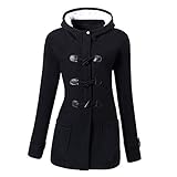 Women Classic Winter Hooded Outdoor Pea Jacket Horn Leather Buckle Coat Black