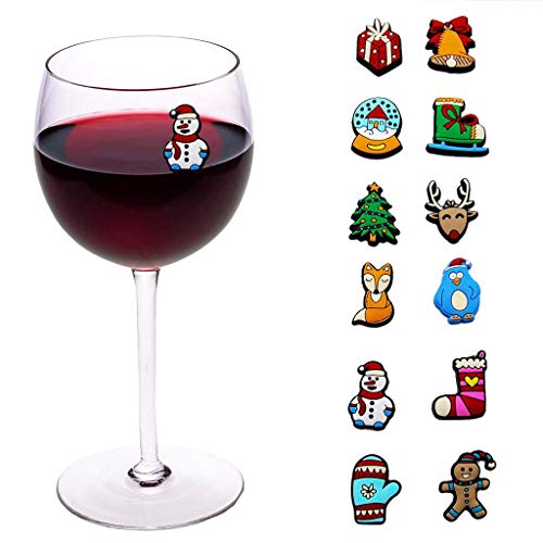 Christmas Holiday Magnetic Wine Charms, Glass & Cocktail Markers Set of 12 - Wine Accessories, Gift Favors, Stocking Stuffers