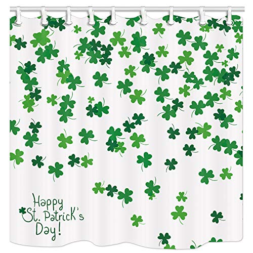 JAWO St. Patrick's Day Clover Shower Curtain, Green Clover Falling on White Bath Curtain Set with Shower Hooks, 69x70Inches