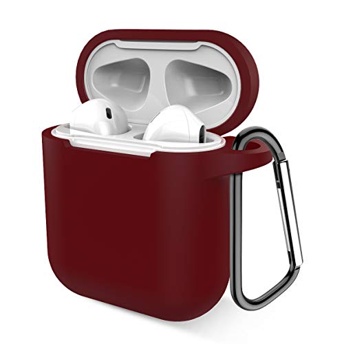 Airpods Case, Music tracker Protective Thicken Airpods Cover Soft Silicone Chargeable Headphone Case with Anti-Lost Carabiner for Apple Airpods 1&2 Charging Case (Burgundy)