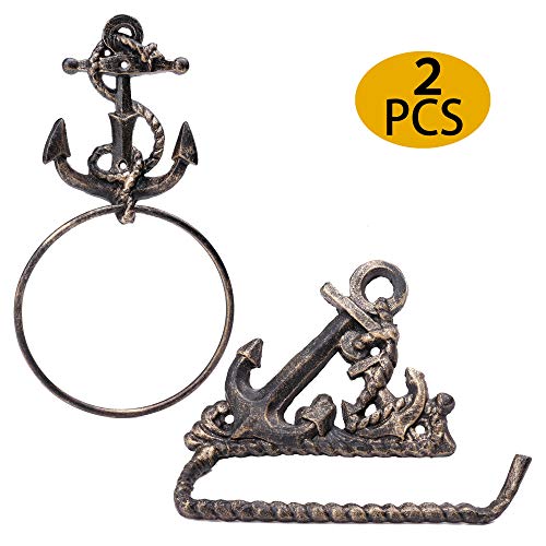 Nautical Cast Iron Anchor Rope Towel Ring and Toilet Paper Holder 2 PCS Large 6" Ring for Bath Towel (Distressed Gold)