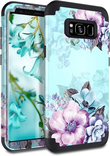 Casetego Compatible with Galaxy S8 Case,Floral Three Layer Heavy Duty Hybrid Sturdy Shockproof Full Body Protective Cover Case for Samsung Galaxy S8,Blue Flower