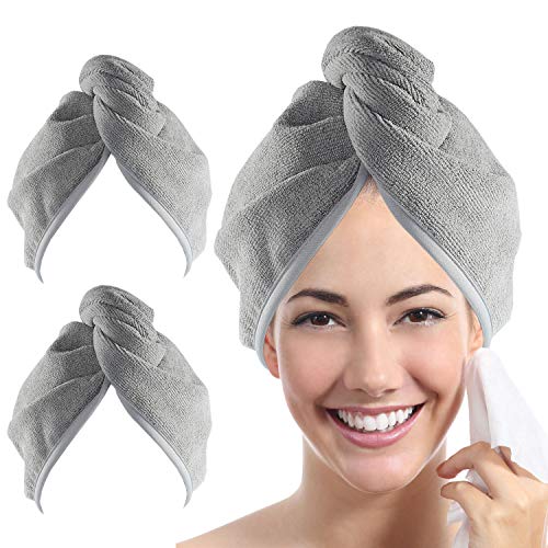 Book Cover YoulerTex Microfiber Hair Towel Wrap for Women, 2 Pack 10 inch X 26 inch Super Absorbent Quick Dry Hair Turban for Drying Curly Long Thick Hair (Gray)
