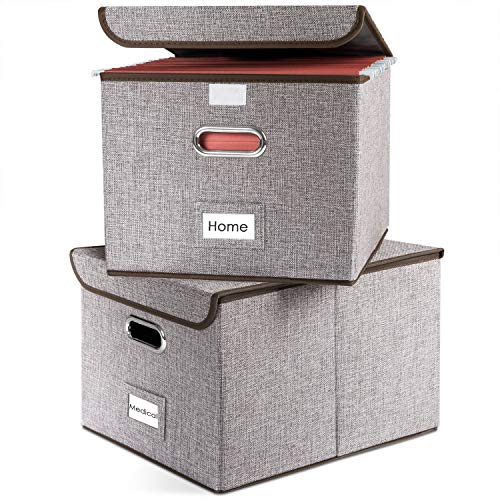 Book Cover Prandom File Boxes [2-Pack] Collapsible Decorative Linen Filing Storage Organizer Hanging File Folders with Lids Office Cabnet | Letter Size | Important Document | Gray