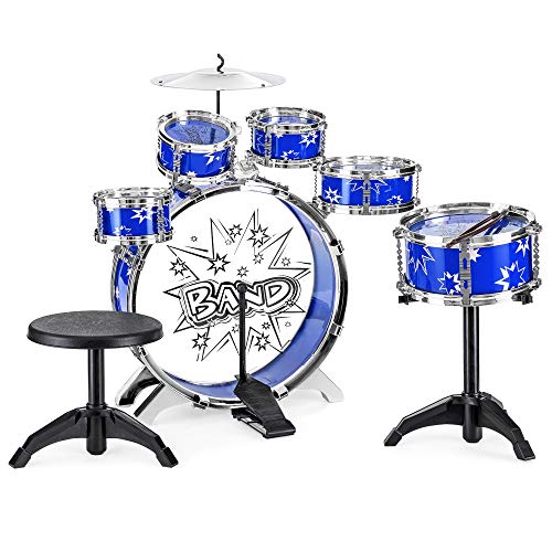 Best Choice Products 11-Piece Kids Starter Drum Set w/Bass, Tom Drums, Snare, Cymbal, Stool, Blue
