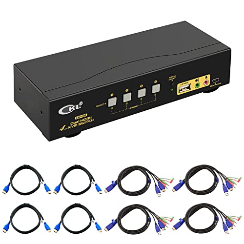 HDMI KVM Switch 4 Port Dual Monitor Extended Display, CKL USB KVM Switch HDMI 4 in 2 Out with Audio Microphone Output and USB 2.0 Hub, PC Monitor Keyboard Mouse Switcher 4K@30Hz CKL-942HUA