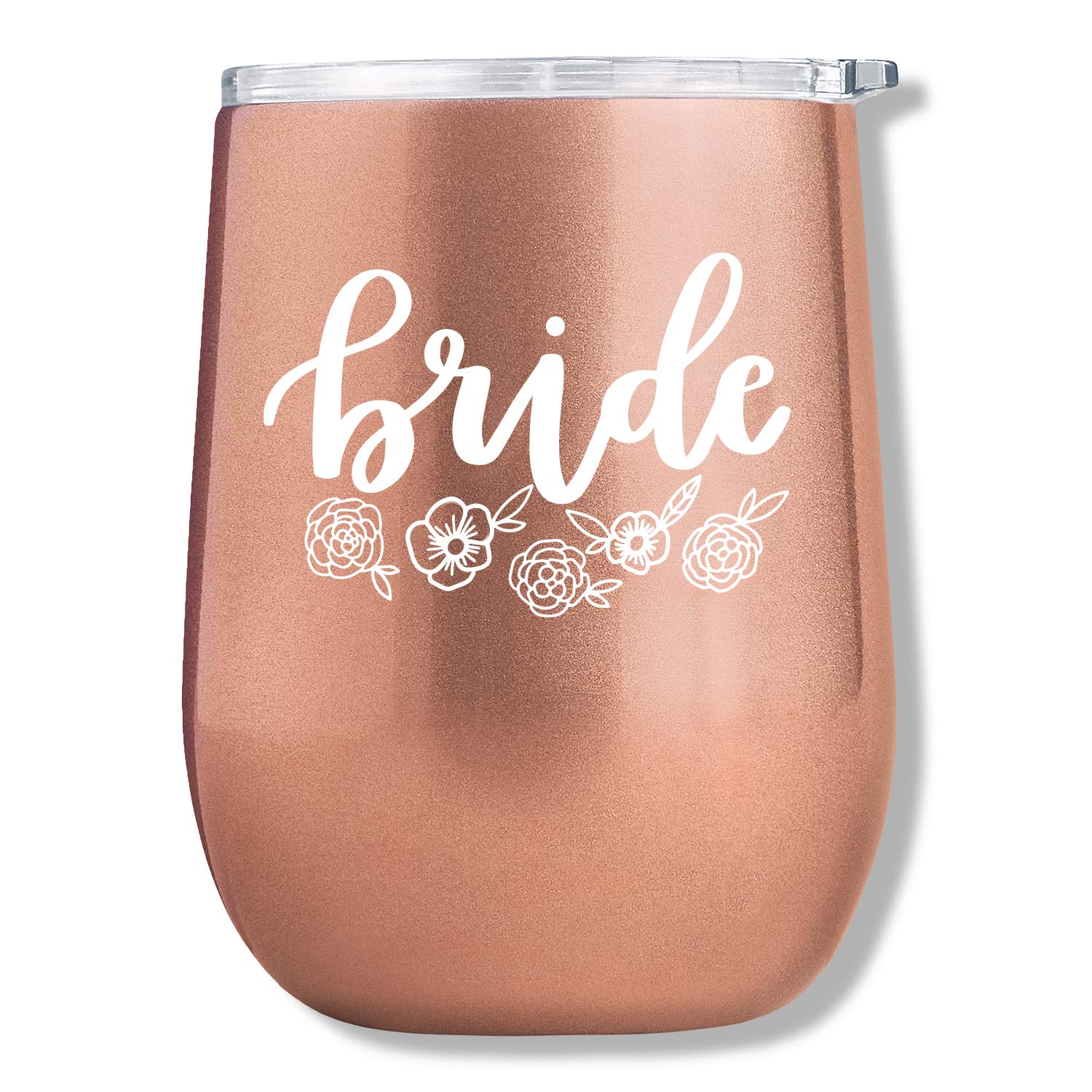 Book Cover xo, Fetti Bride Wine Tumbler Gift | White + Rose Gold 12oz Glossy Stainless Steel, Bachelorette Party Decorations Cups + Stemless Bridal Shower, Engagement