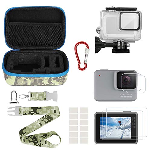 Kitspeed Accessories kit for GoPro Hero 7 White/Silver, Including Waterproof Housing Case/Portable Small Carrying case/Screen Protector/Carabiner/Camouflage Strap/Anti-Fog Insert
