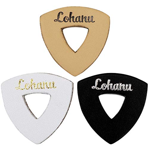 Book Cover Leather Picks for Ukulele, Guitar and Bass by Lohanu - With Easy to Hold Triangle Shape Cutout - Produces Richer Warmer Natural Tone
