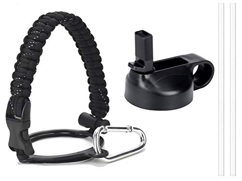 Sportula Best Paracord Handle for Hydro Flask Wide Mouth Bottles, with Safety Ring and Carabiner, Plus One Insulated Wide Mouth Straw Lid, and Two Long Straws Included, Best Value Set (Spotted Black)