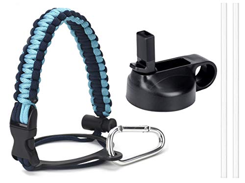 SPORTULA Best Paracord Handle for Hydro Flask Wide Mouth Bottles, with Safety Ring and Carabiner, Plus One Insulated Wide Mouth Straw Lid, and Two Long Straws Included, Best Value Set (Blue)