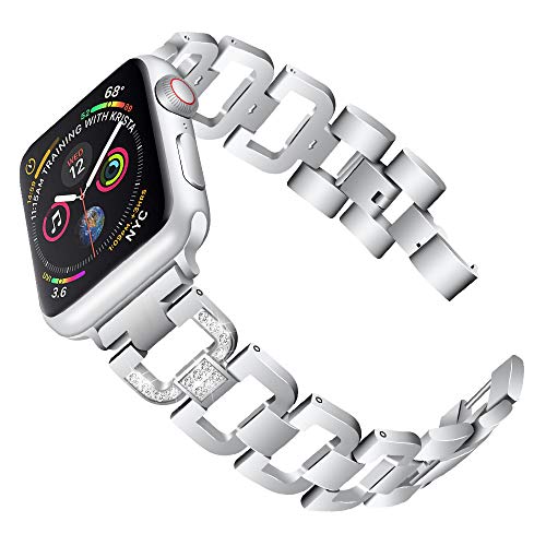 PUGO TOP Compatible with Apple Watch Band 40mm Series 6 SE 5 4 38mm Series 3 2 1 Iphone Watch Iwatch Replacement Bracelet Wristband Strap Stainless Steel Bling with Diamond for Women(38mm/40mm, Silver)