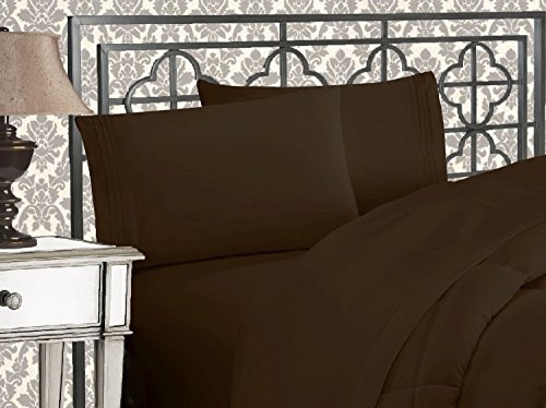 Elegant Comfort Luxurious 1500 Thread Count Egyptian Three Line Embroidered Softest Premium Hotel Quality 4-Piece Bed Sheet Set, Wrinkle and Fade Resistant, Queen, Chocolate Brown
