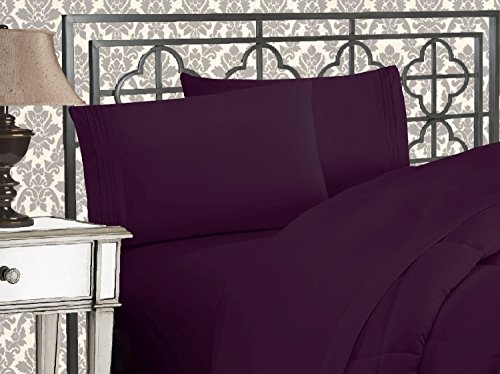 Book Cover Elegant Comfort Luxurious 1500 Thread Count Egyptian Quality Three Line Embroidered Softest Premium Hotel Quality 4-Piece Bed Sheet Set, Wrinkle and Fade Resistant, Queen, Eggplant-Purple