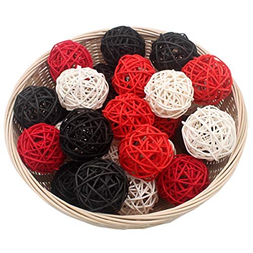 Set of 15 Mixed Black Red White 2" Small Decorative Wicker Rattan Balls Natural Sphere Orbs for Vase Bowl Filler Christmas Tree Ornaments Wedding Centerpieces Home Patio Garden Hanging Decoration