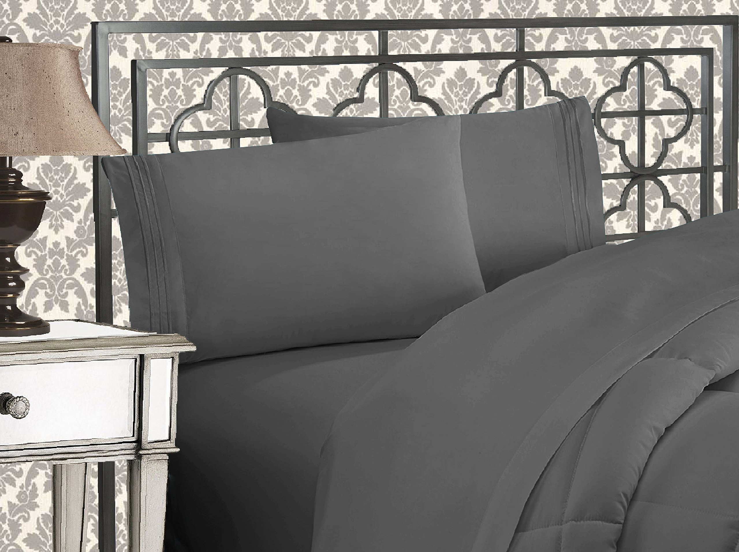 Elegant Comfort Luxurious 1500 Thread Count Egyptian Quality Three Line Embroidered Softest Premium Hotel Quality 4-Piece Bed Sheet Set, Wrinkle and Fade Resistant, Full, Gray Full Gray