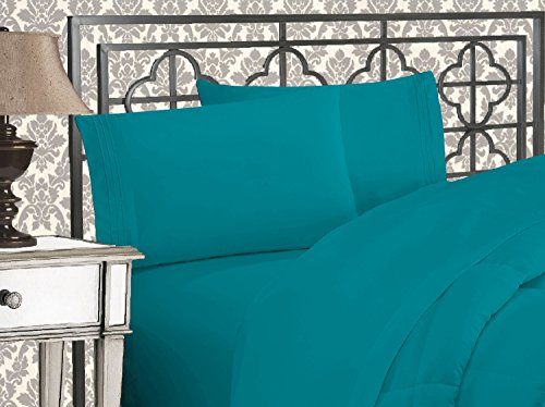 Book Cover Elegant Comfort Luxurious 1500 Thread Count Egyptian Quality Three Line Embroidered Softest Premium Hotel Quality 4-Piece Bed Sheet Set, Wrinkle and Fade Resistant, Queen, Turquoise